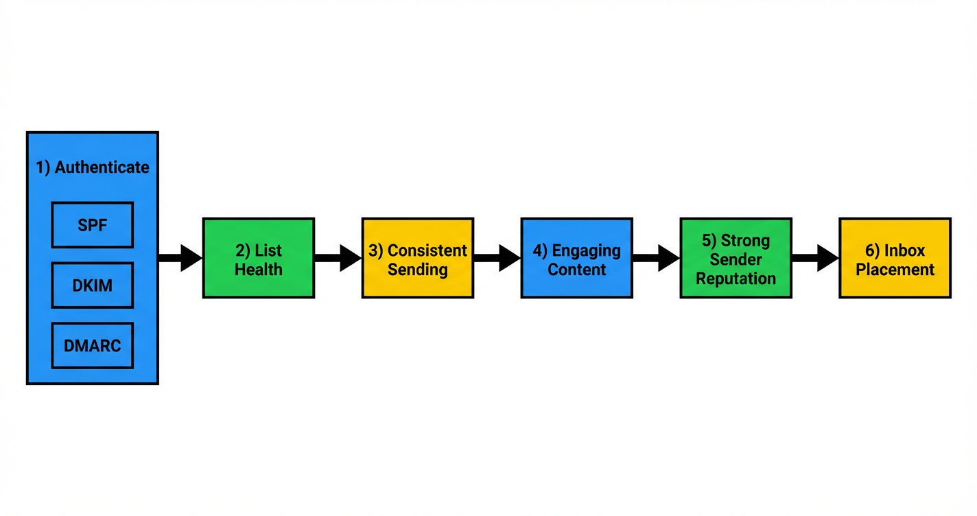 Flowchart illustrating the key steps in the email deliverability process, from authentication to monitoring and scaling, to ensure emails reach the inbox.