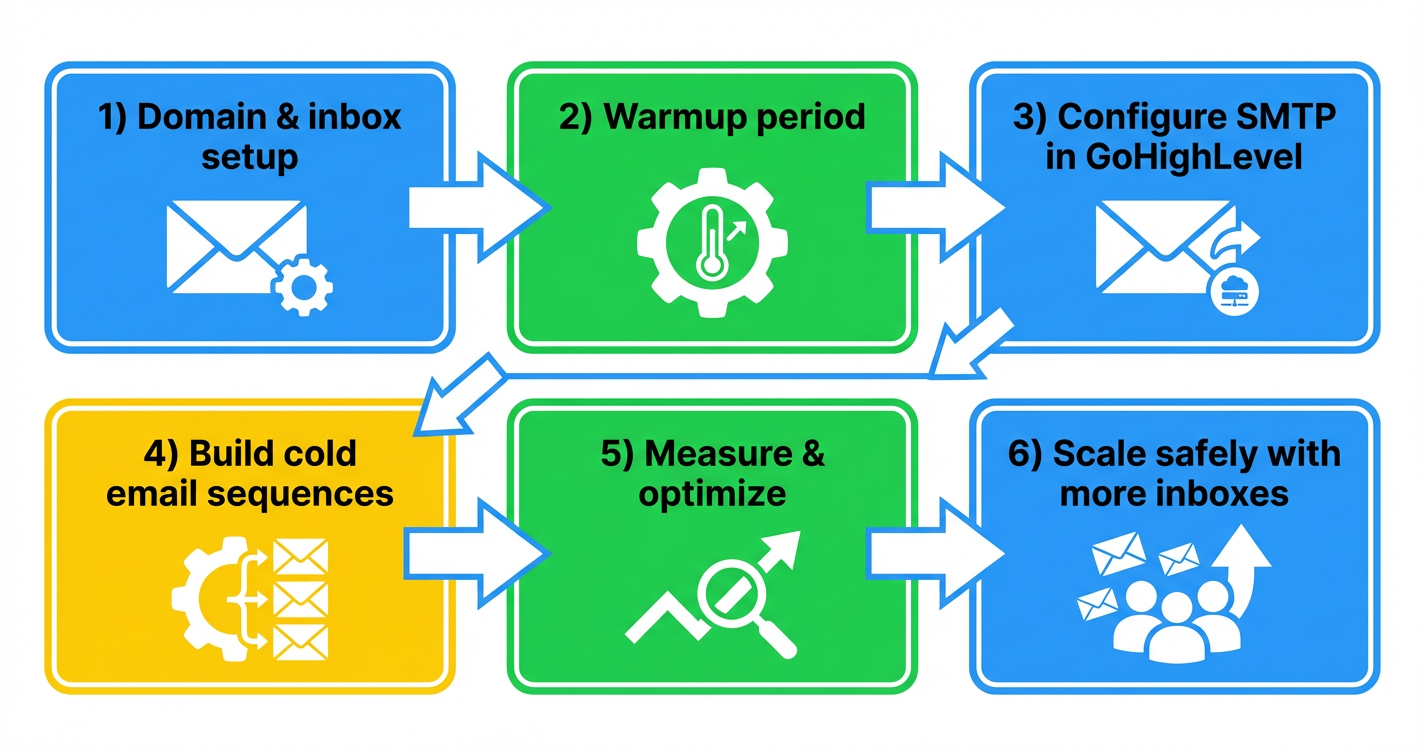 Cold outreach system flowchart: a diagram outlining the process of cold outreach, starting with domain and inbox setup, warming up, configuring SMTP in GoHighLevel, building email sequences, measuring and optimizing, and finally scaling with more inboxes.