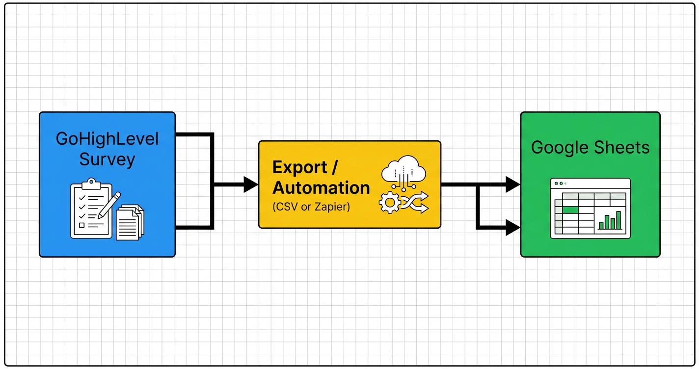High-level flow: GoHighLevel Survey → Export/Automation (CSV or Zapier) → Google Sheets