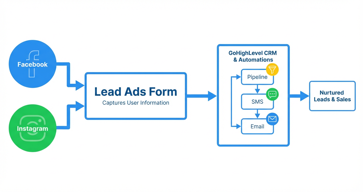 Lead Flow from Social Ads to GoHighLevel CRM Flowchart detailing the journey of leads from Facebook and Instagram ads into GoHighLevel CRM and automated workflows